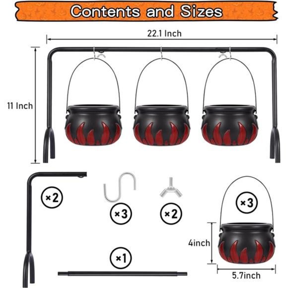 Cauldron Halloween Decor, 3 Witches Cauldron with Black Decor Iron Rack - Picture 3 of 7